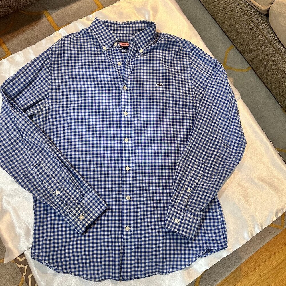 Vineyard Vines Men’s Slim Fit Whale Shirt, Lightweight, Navy Blue & White Check,